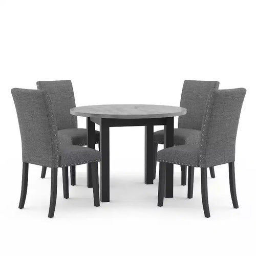 5pc Kellum Contemporary Round Dining Set: Faux Marble Top, Nailhead Trim Chairs - miBasics