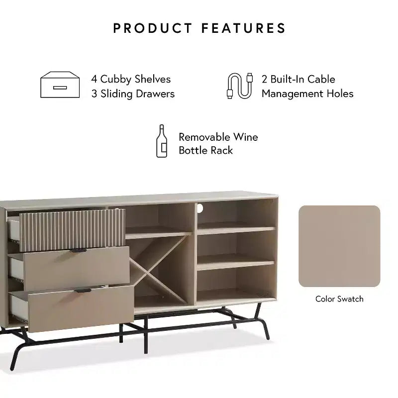 Heath Madia Moderna da 152 cm con Cantinetta da Vino Color Tortora - miBasics: Consolle Contenitore, 3 Cassetti, 4 Ripiani Fissi