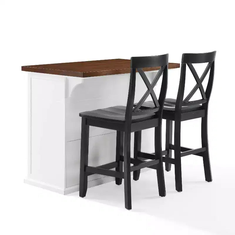 Crosley 42" Bartlett Isola Cucina con Piano in Legno e Sgabelli X-Back Bianco/Nero: Stile Farmhouse, Ripiani Regolabili