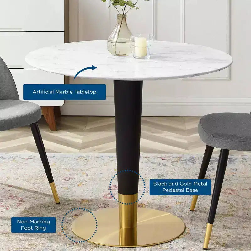 Tavolo da pranzo 36" Zinque in marmo artificiale oro/bianco - Modway: Moderno di metà secolo, non allungabile, base in metallo