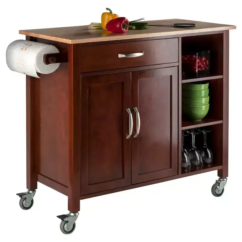 Carrello da Cucina Mabel Legno/Noce/Naturale - Winsome: Unità Contenitore Mobile con Portasciugamani, Struttura in Legno Massello