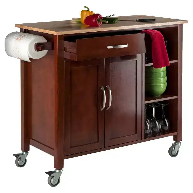 Carrello da Cucina Mabel Legno/Noce/Naturale - Winsome: Unità Contenitore Mobile con Portasciugamani, Struttura in Legno Massello
