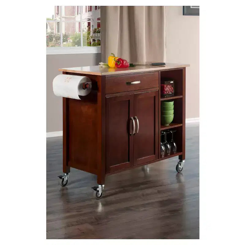 Carrello da Cucina Mabel Legno/Noce/Naturale - Winsome: Unità Contenitore Mobile con Portasciugamani, Struttura in Legno Massello