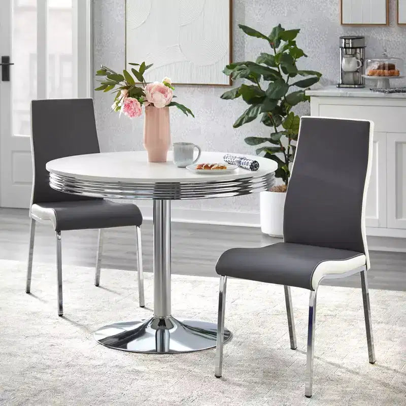 Buylateral Set da Pranzo Retrò Torrance 3 Pezzi con Sedie Imbottite e Schienale Alto Finitura Bianco/Cromo/Grigio