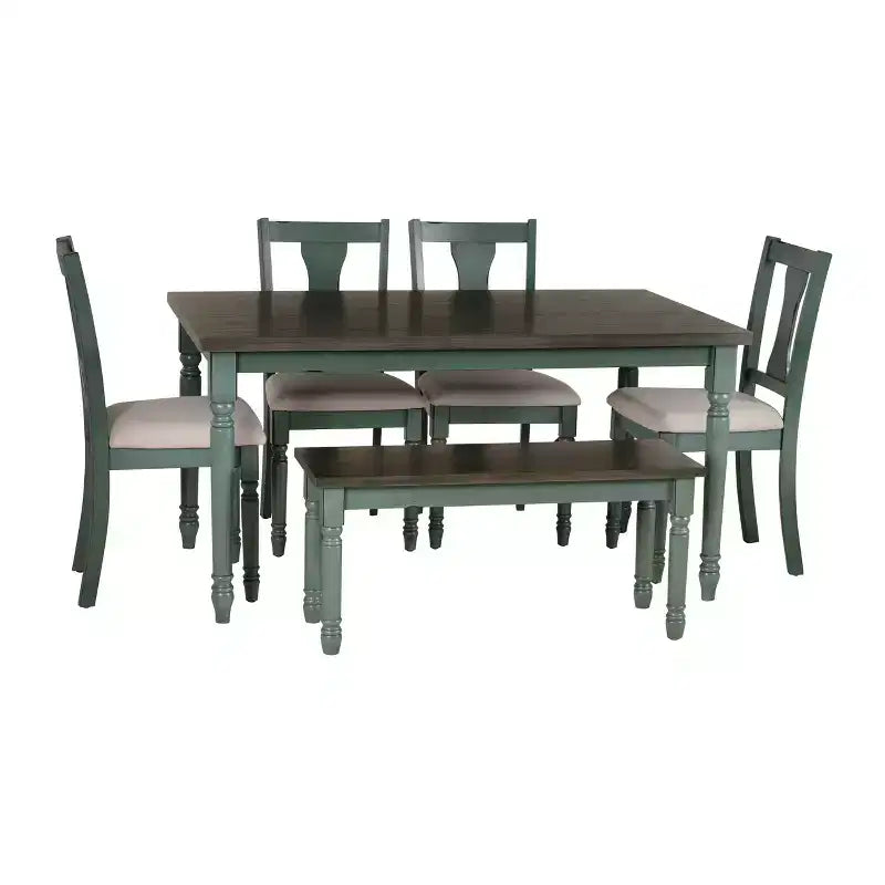 6pc Reagan Upholstered Chairs & Bench Dining Set Teal - Powell: Rustic Mid-Century, Turned Legs, Padded Seat, Rubberwood