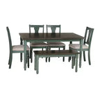 6pc Reagan Upholstered Chairs & Bench Dining Set Teal - Powell: Rustic Mid-Century, Turned Legs, Padded Seat, Rubberwood