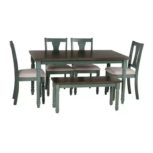 6pc Reagan Upholstered Chairs & Bench Dining Set Teal - Powell: Rustic Mid-Century, Turned Legs, Padded Seat, Rubberwood