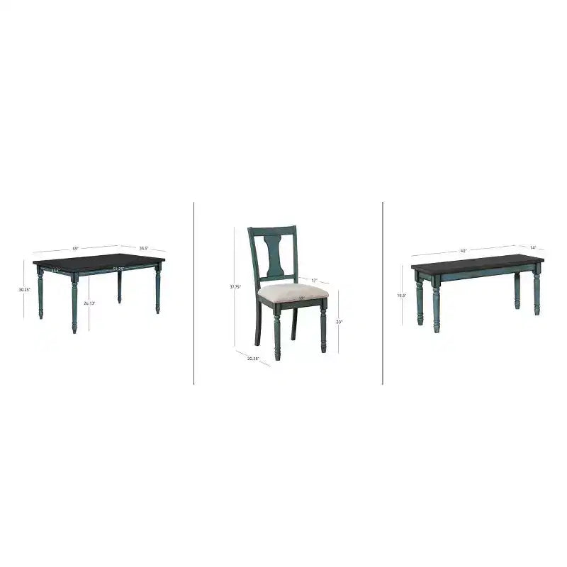 Set da pranzo 6 pezzi con sedie e panca imbottite Reagan, colore verde acqua - Powell: Stile rustico Mid-Century, gambe tornite, sedile imbottito, legno di gomma