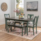 Set da pranzo 6 pezzi con sedie e panca imbottite Reagan, colore verde acqua - Powell: Stile rustico Mid-Century, gambe tornite, sedile imbottito, legno di gomma