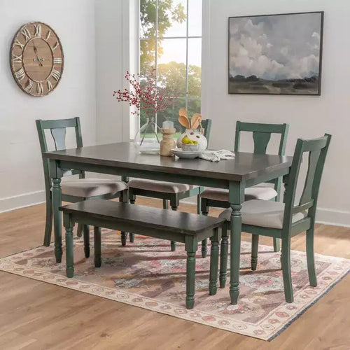 Set da pranzo 6 pezzi con sedie e panca imbottite Reagan, colore verde acqua - Powell: Stile rustico Mid-Century, gambe tornite, sedile imbottito, legno di gomma