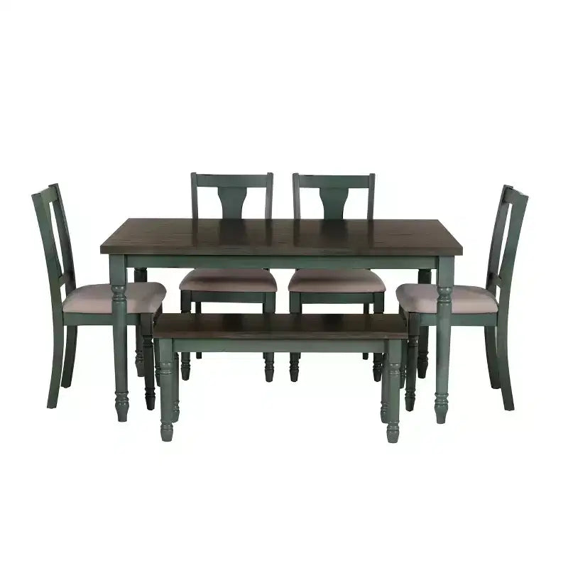 Set da pranzo 6 pezzi con sedie e panca imbottite Reagan, colore verde acqua - Powell: Stile rustico Mid-Century, gambe tornite, sedile imbottito, legno di gomma