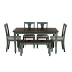 Set da pranzo 6 pezzi con sedie e panca imbottite Reagan, colore verde acqua - Powell: Stile rustico Mid-Century, gambe tornite, sedile imbottito, legno di gomma
