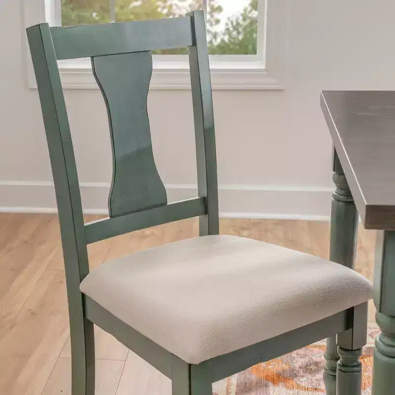Set da pranzo 6 pezzi con sedie e panca imbottite Reagan, colore verde acqua - Powell: Stile rustico Mid-Century, gambe tornite, sedile imbottito, legno di gomma