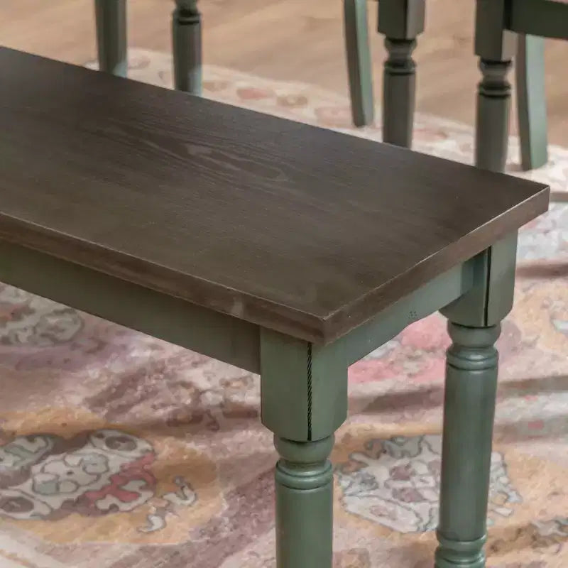 Set da pranzo 6 pezzi con sedie e panca imbottite Reagan, colore verde acqua - Powell: Stile rustico Mid-Century, gambe tornite, sedile imbottito, legno di gomma