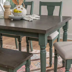 Set da pranzo 6 pezzi con sedie e panca imbottite Reagan, colore verde acqua - Powell: Stile rustico Mid-Century, gambe tornite, sedile imbottito, legno di gomma