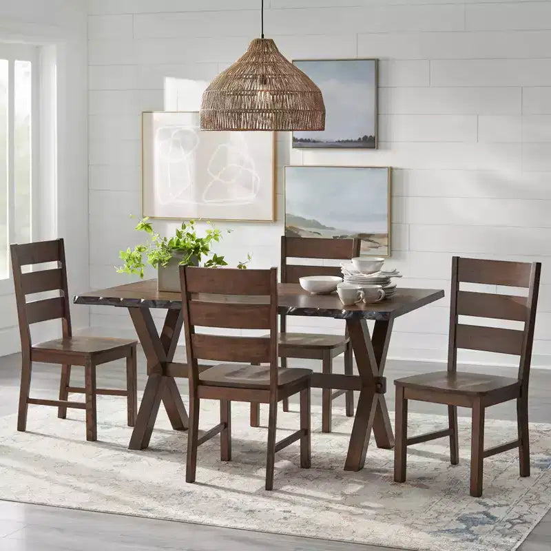 Buylateral Set da pranzo Mandeville 5 pezzi in legno massello con bordo vivo e base a cavalletto, marrone