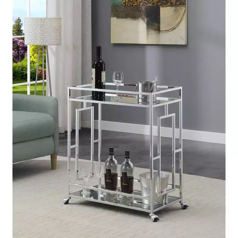 Carrello bar Town Square Vetro trasparente/Specchio/Cromo - Breighton Home: Stile Glamour, 2 ripiani, Ruote bloccabili
