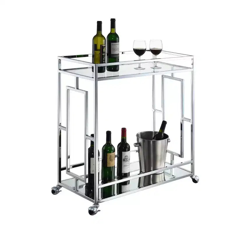 Carrello bar Town Square Vetro trasparente/Specchio/Cromo - Breighton Home: Stile Glamour, 2 ripiani, Ruote bloccabili
