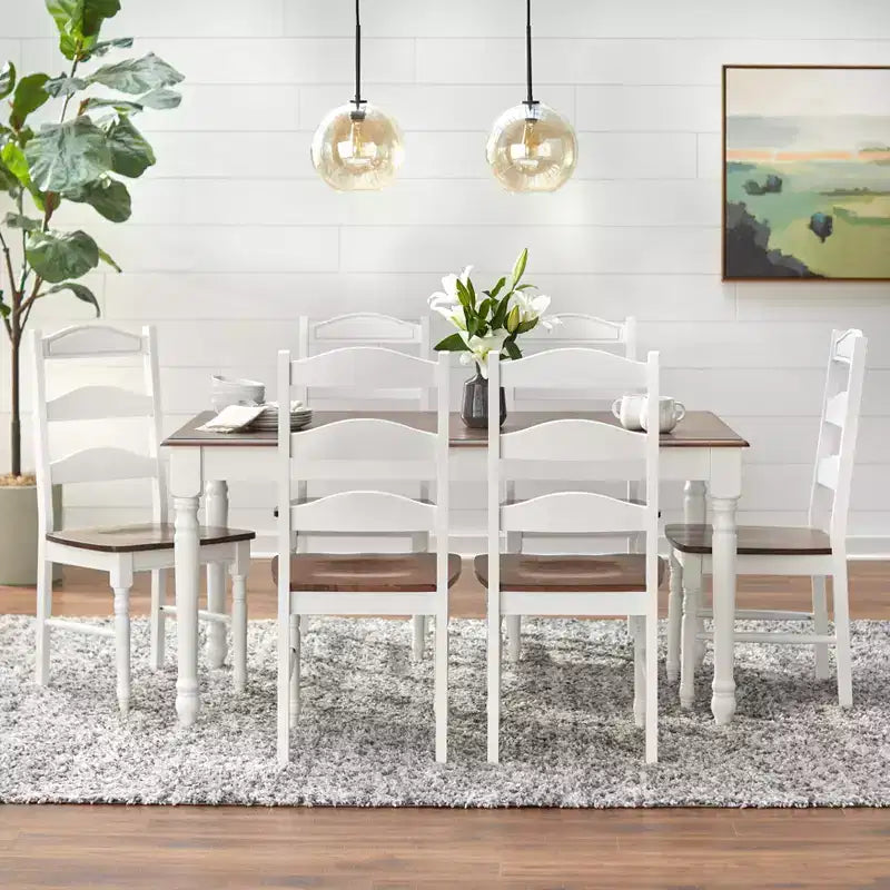 Set da pranzo Skipton Buylateral 7 pezzi Bianco/Noce: Tavolo rettangolare, 6 sedie in legno, Struttura in legno di caucciù