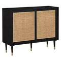 angelo:HOME Allen Mid-Century Modern Buffet Black/Natural: Rattan Sliding Doors, Tapered Legs