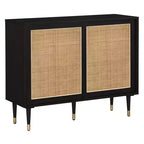 angelo:HOME Allen Mid-Century Modern Buffet Black/Natural: Rattan Sliding Doors, Tapered Legs