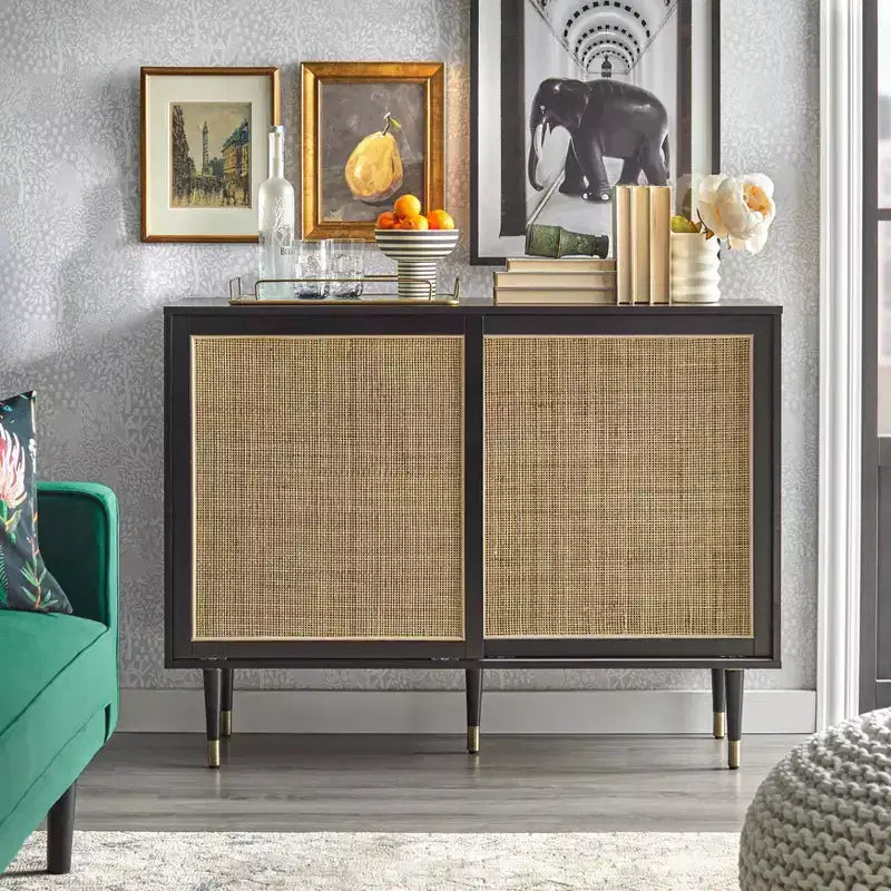 angelo:HOME Mobile credenza moderno Mid-Century Allen Nero/Naturale: Ante scorrevoli in rattan, Gambe affusolate