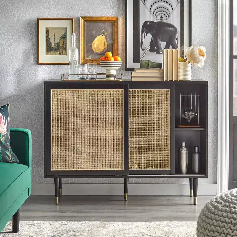 angelo:HOME Mobile credenza moderno Mid-Century Allen Nero/Naturale: Ante scorrevoli in rattan, Gambe affusolate