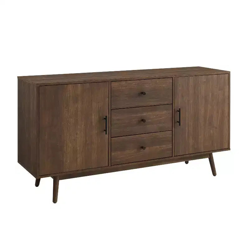 Credenza Lucas Marrone - Crosley: Madia Rustica Mid-Century Modern con Ripiani Regolabili, Cassetti, Struttura in Legno Massello