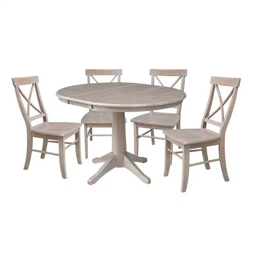 36" Karen Round Extendable Dining Table with 4 X Back Chairs Taupe: Solid Wood, Pedestal Base - International Concepts