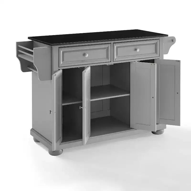 Alexandria Kitchen Island con Piano in Granito Grigio/Nero Vintage - Crosley: Struttura in Legno Massello, Rotelle, 4 Ante, 2 Cassetti, 3 Ripiani