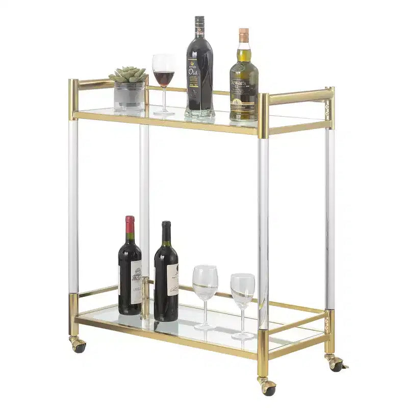 Carrello Bar in Acrilico e Vetro a 2 Ripiani Royal Crest Oro/Vetro - Breighton Home: Ripiani in Vetro Temperato, Ruote Girevoli