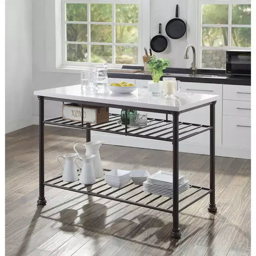 Isola da cucina Freyja da 50" con piano in pietra ricostruita bianca/finitura grigia - Acme Furniture: struttura in metallo, ripiani contenitori