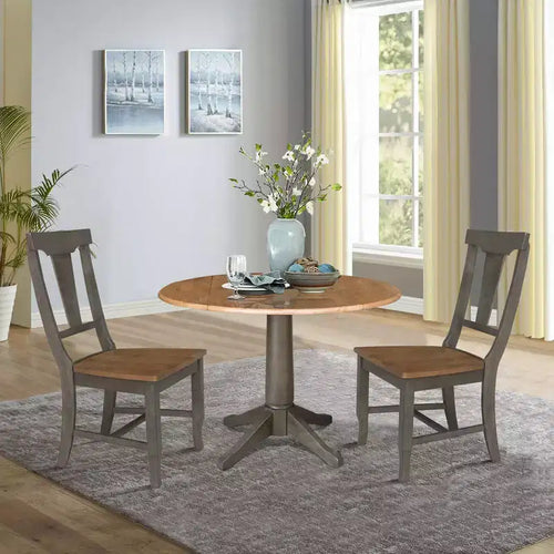 Tavolo da pranzo rotondo con 2 ante a ribalta da 42" con 2 sedie con schienale a pannello in Hickory/Antracite lavato - International Concepts