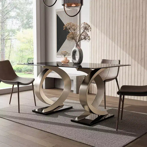 Table à manger rectangulaire moderne en verre Gleneagles de 58 po - HOMES: Inside + Out: Bord biseauté, Double pied central