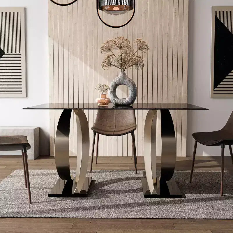 Tavolo da pranzo rettangolare moderno Gleneagles 58" con piano in vetro - HOMES: Inside + Out: Bordo smussato, base a doppio piedistallo