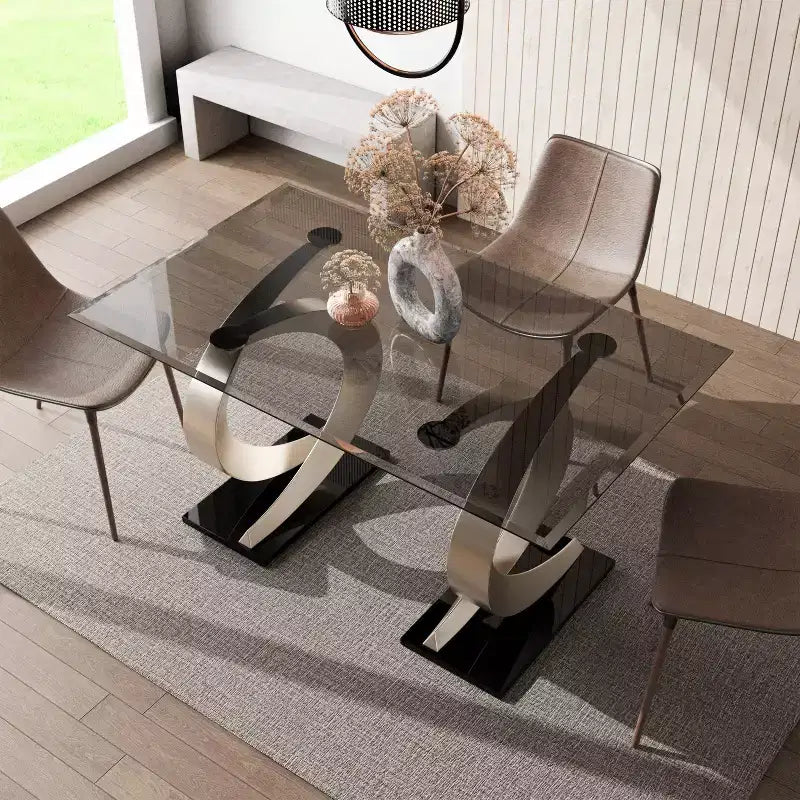 Tavolo da pranzo rettangolare moderno Gleneagles 58" con piano in vetro - HOMES: Inside + Out: Bordo smussato, base a doppio piedistallo