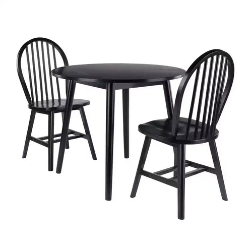 3pc Moreno Dining Table Set Black - Winsome: Glossy Wood, Round Drop Leaf, Transitional Style, Seats 4, Tapered Legs