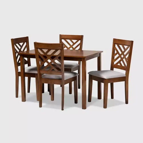 5pc Caron Fabric Upholstered Wood Dining Set Gray/Walnut - Baxton Studio: Modern Rubberwood Table & 4 Padded Armless Chairs