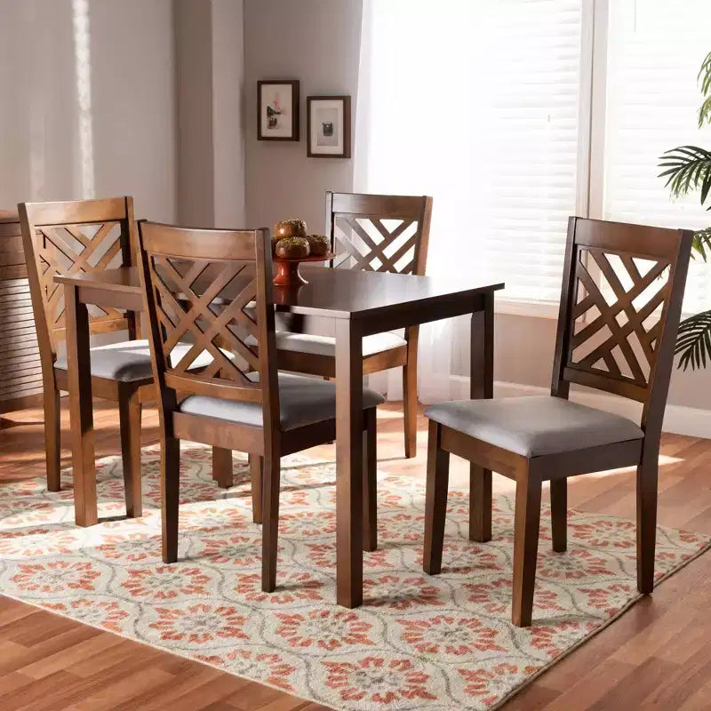 Set da pranzo in legno imbottito in tessuto Caron 5 pezzi grigio/noce - Baxton Studio: Tavolo moderno in legno di gomma e 4 sedie imbottite senza braccioli