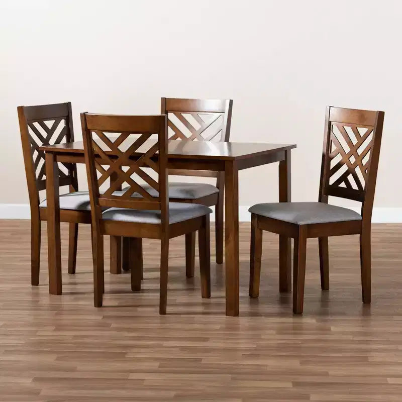 Set da pranzo in legno imbottito in tessuto Caron 5 pezzi grigio/noce - Baxton Studio: Tavolo moderno in legno di gomma e 4 sedie imbottite senza braccioli
