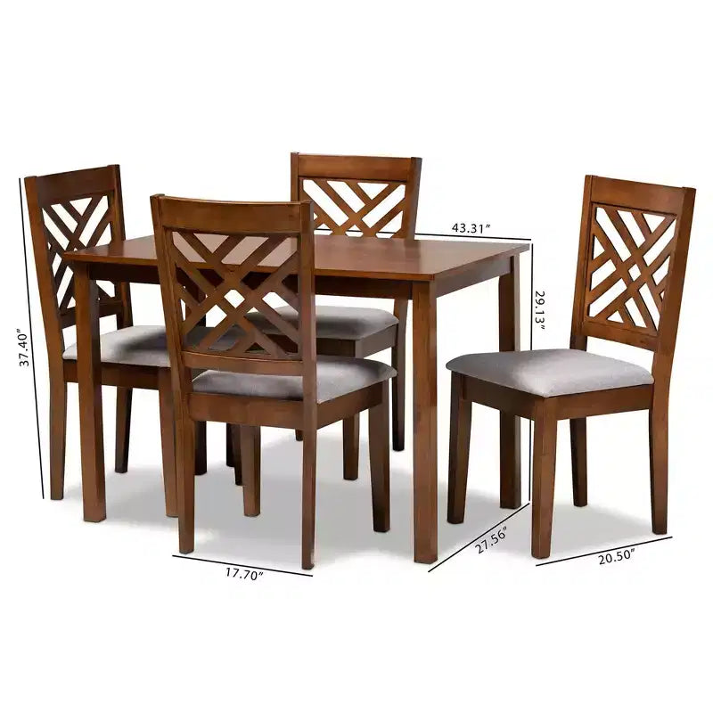 Set da pranzo in legno imbottito in tessuto Caron 5 pezzi grigio/noce - Baxton Studio: Tavolo moderno in legno di gomma e 4 sedie imbottite senza braccioli
