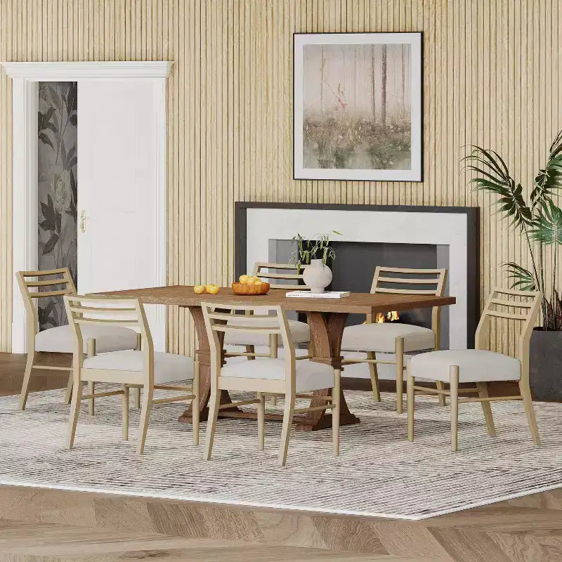 Set da pranzo espandibile Christopher Knight Home 7 pezzi Fernleaf imbottito, marrone naturale/frassino chiaro/tweed beige chiaro
