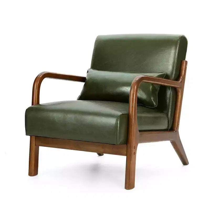 Poltrona Mid-Century Modern in Similpelle con Braccioli e Struttura in Legno di Gomma color Noce - Verde Cacciatore - Glitzhome