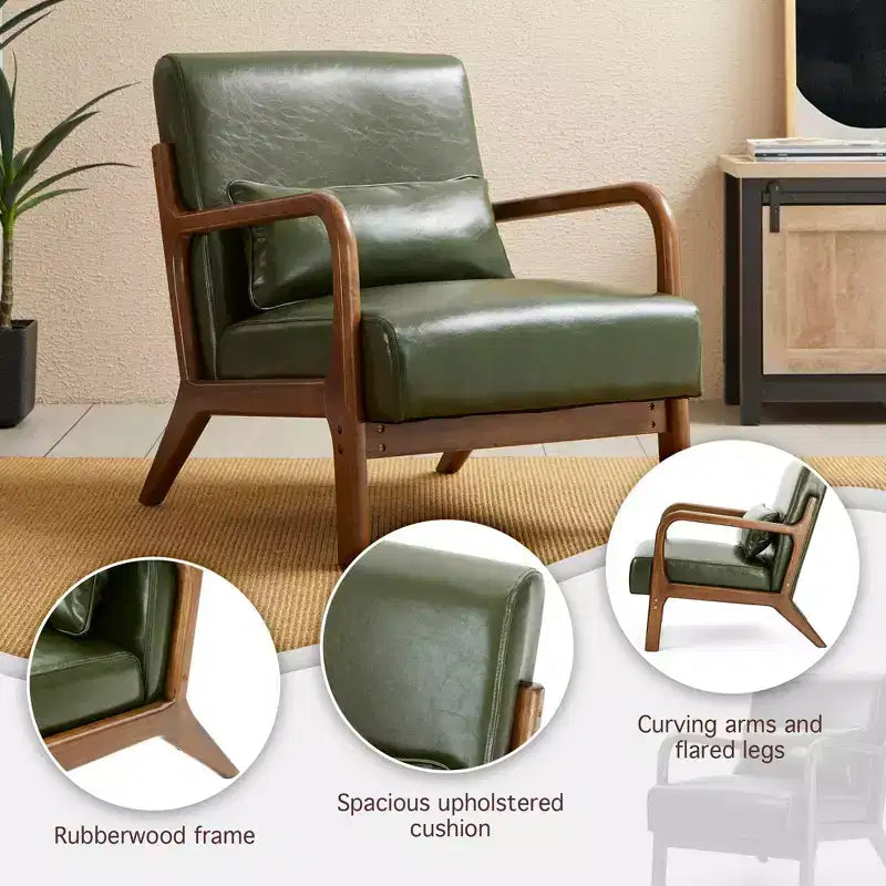 Poltrona Mid-Century Modern in Similpelle con Braccioli e Struttura in Legno di Gomma color Noce - Verde Cacciatore - Glitzhome