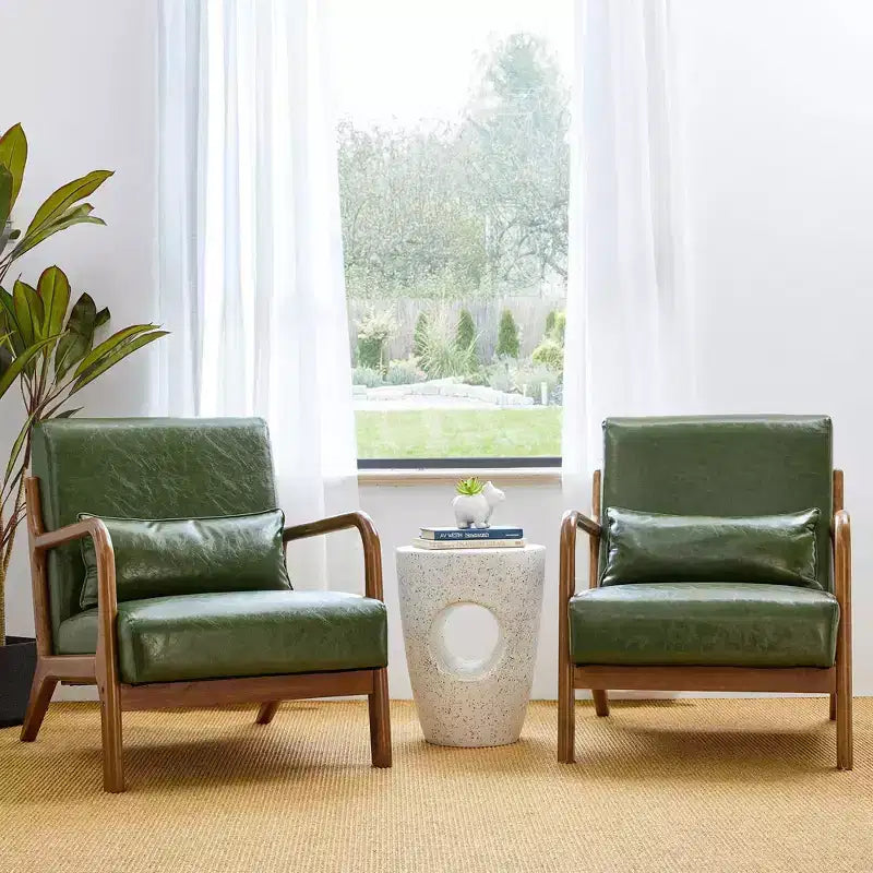 Poltrona Mid-Century Modern in Similpelle con Braccioli e Struttura in Legno di Gomma color Noce - Verde Cacciatore - Glitzhome