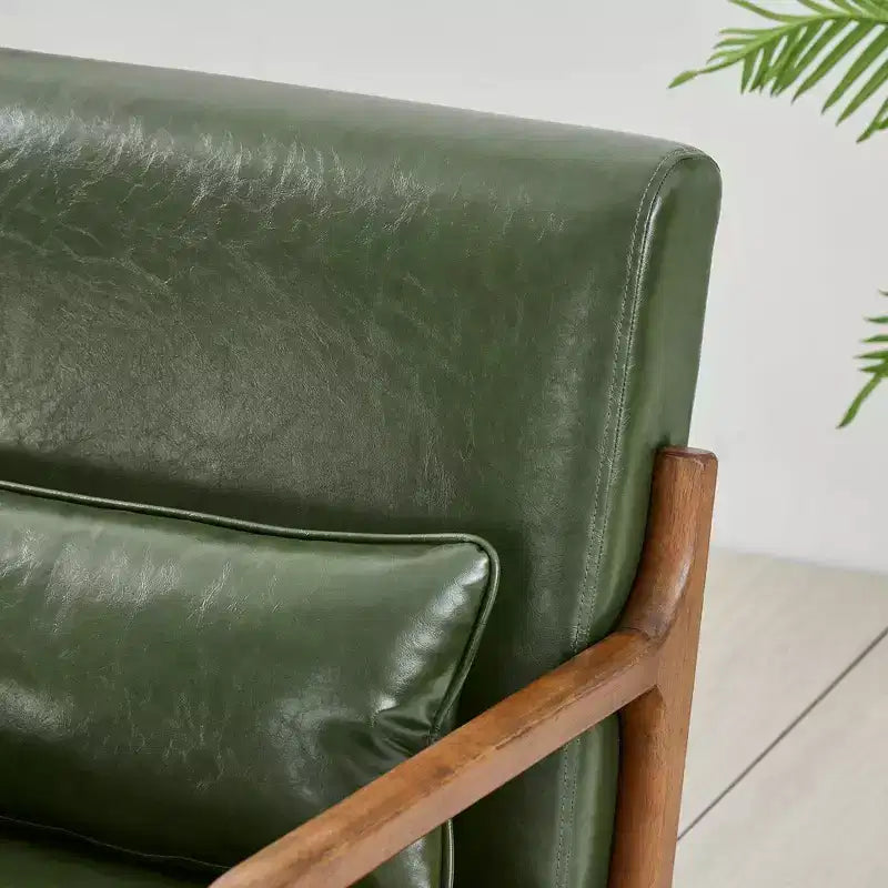 Poltrona Mid-Century Modern in Similpelle con Braccioli e Struttura in Legno di Gomma color Noce - Verde Cacciatore - Glitzhome