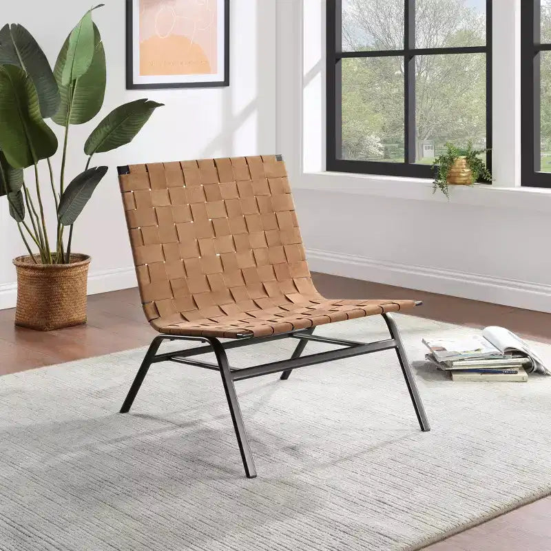 Poltrona Comfort Pointe Cavett in Pelle Intrecciata Marrone: Vera Pelle, Telaio in Metallo, Stile Mid-Century Moderno