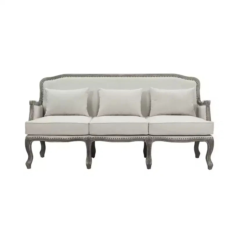 76" Tania Sofa Cream Linen, Brown Finish, Carved Detail - Acme Furniture: No Assembly, Nailhead Trim