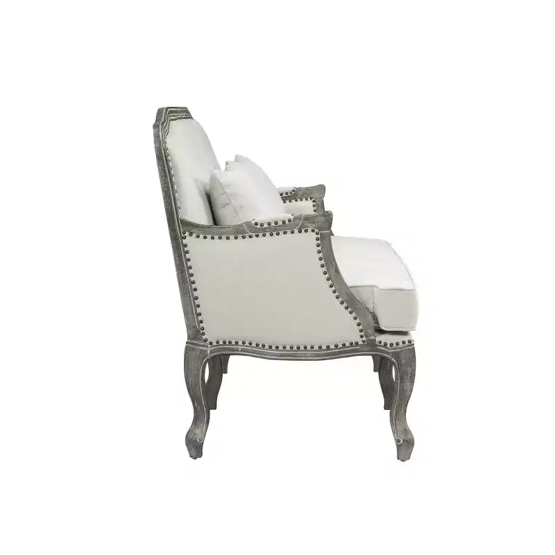 Divano Tania 76" in Lino Color Crema, Finitura Marrone, Dettagli Intagliati - Acme Furniture: Nessun Montaggio, Borchie Decorativethe
