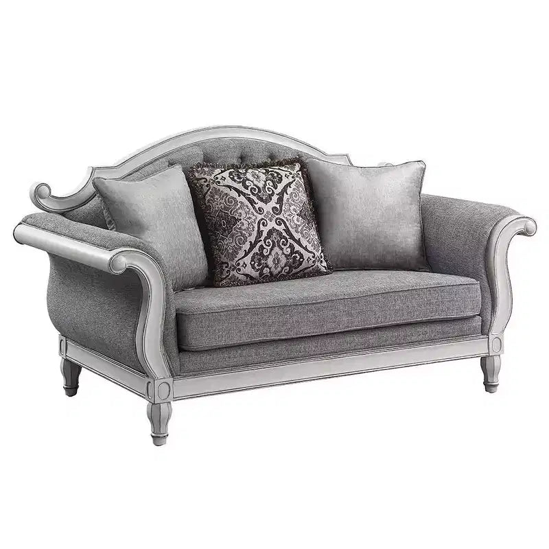 Divano Florian 71" in tessuto grigio e finitura bianco antico - Acme Furniture